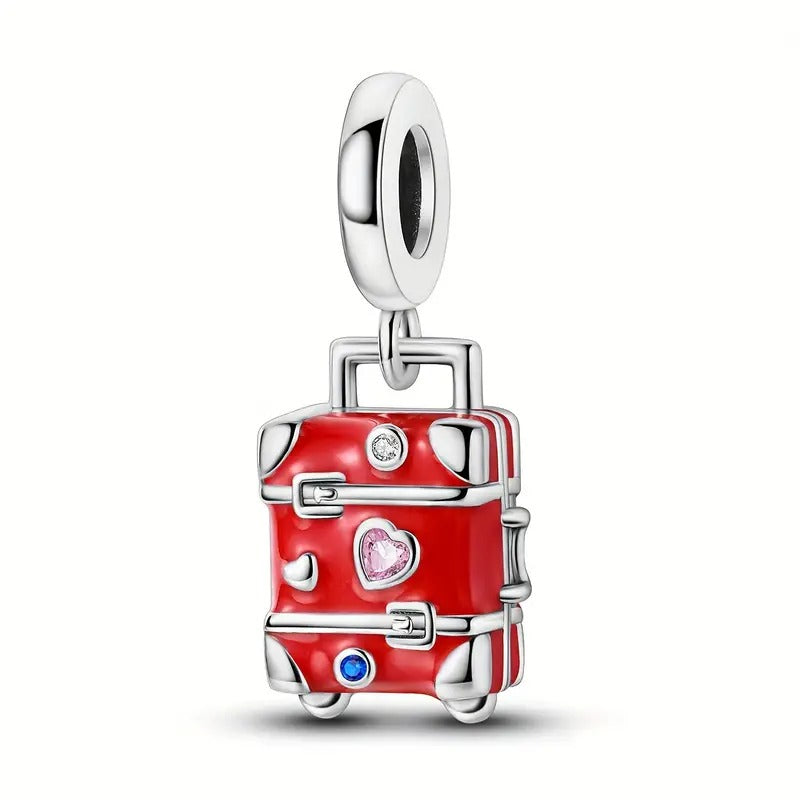 Classic Red Love Heart Luggage Travel Bag Sterling Silver Charm Hallmarked S925 for Charm Bracelet and Necklace