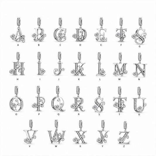 Classic Alphabet Letters A to Z Sterling Silver Dangle Charm Hallmarked S925 for Charm Bracelet and Necklace
