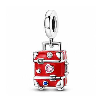 Classic Red Love Heart Luggage Travel Bag Sterling Silver Charm Hallmarked S925 for Charm Bracelet and Necklace