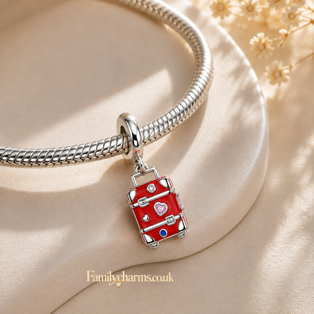 Gold Red Suitcase Travel Charm Hallmarked S925 for Charm Bracelet and Necklace