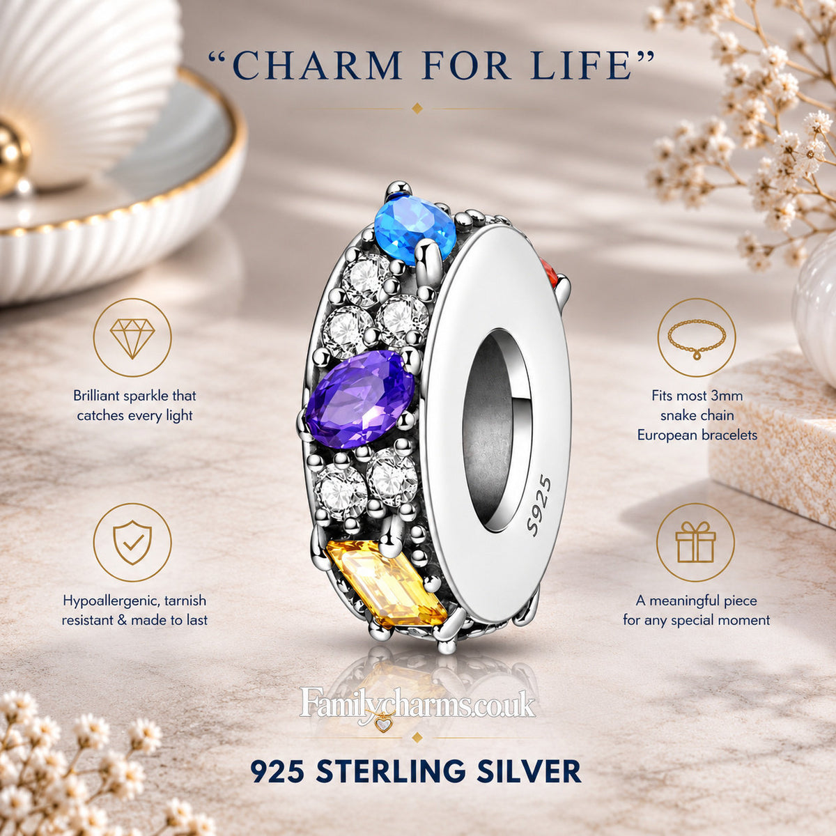 Clear and Colourful Stopper Charm Hallmarked S925 for Charm Bracelet and Necklace