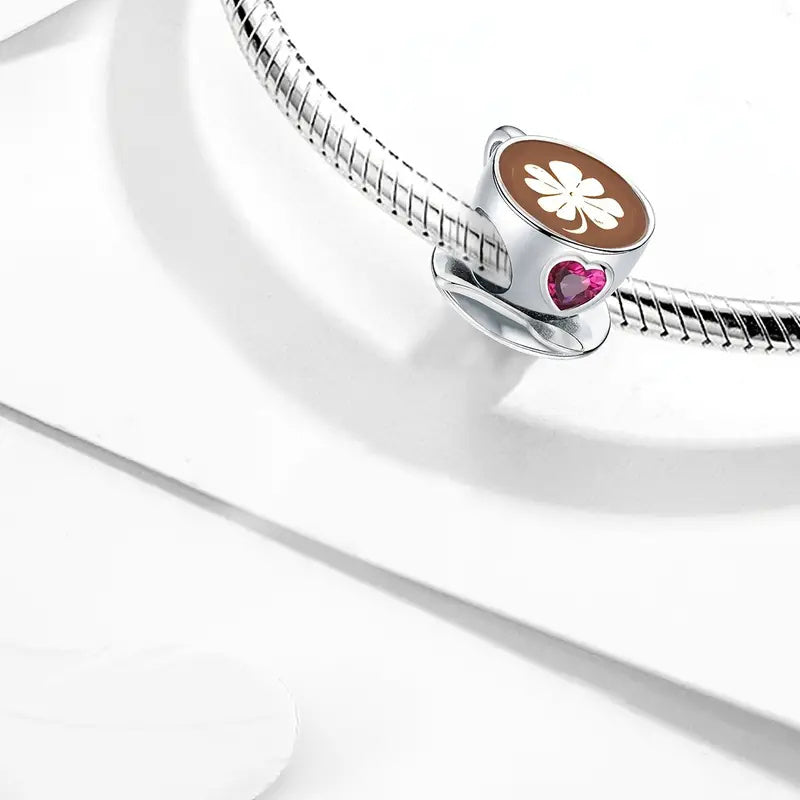 Coffee Cup & Pink Heart Bead Sterling Silver Charm Hallmarked S925 for Charm Bracelet and Necklace