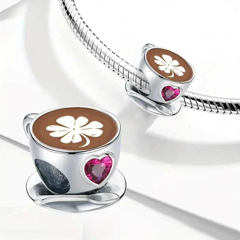 Coffee Cup & Pink Heart Bead Sterling Silver Charm Hallmarked S925 for Charm Bracelet and Necklace