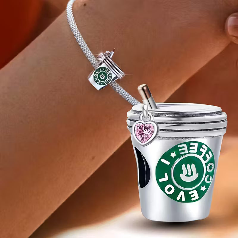 Coffee Cup With Pink Heart Bead Sterling Silver Charm Hallmarked S925 for Charm Bracelet and Necklace