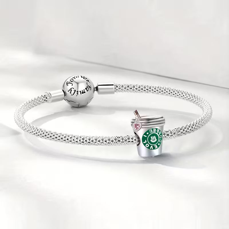 Coffee Cup With Pink Heart Bead Sterling Silver Charm Hallmarked S925 for Charm Bracelet and Necklace