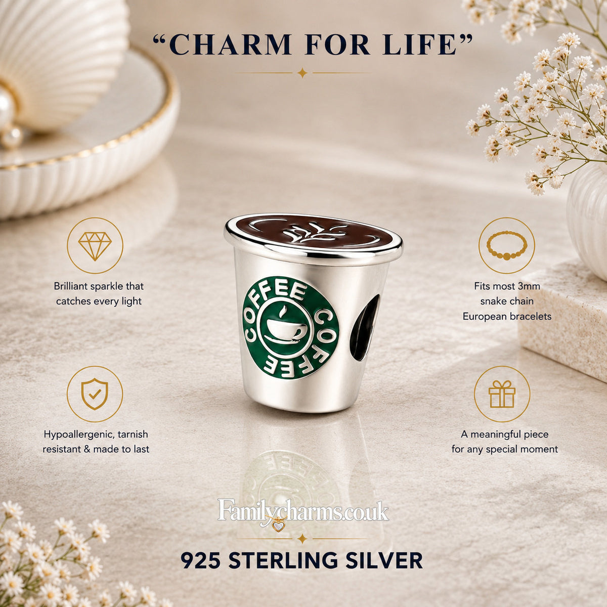 Coffee Charm Hallmarked S925 for Charm Bracelet and Necklace