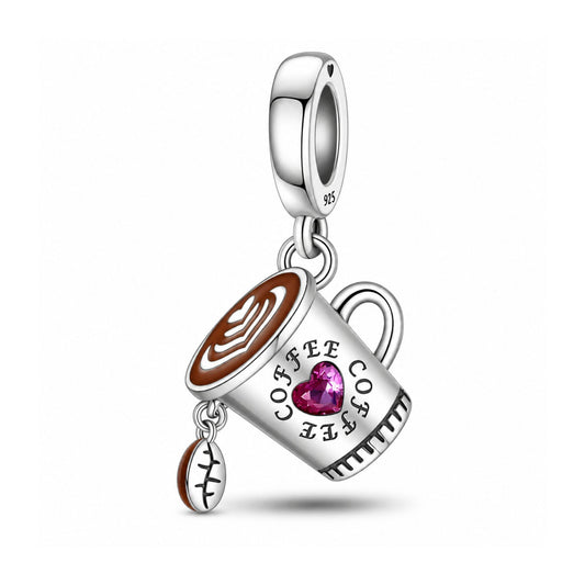 Coffee Cup and Bean Dangle Sterling Silver Charm Hallmarked S925 for Charm Bracelet and Necklace