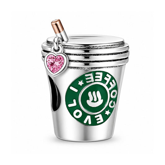 Coffee Cup With Pink Heart Bead Sterling Silver Charm Hallmarked S925 for Charm Bracelet and Necklace