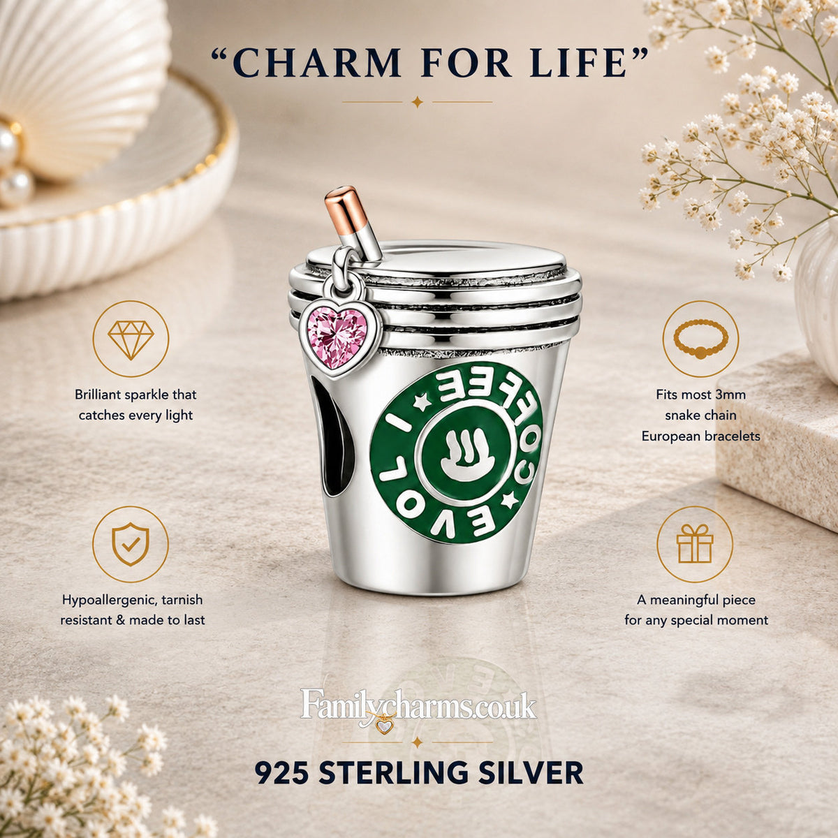 Coffee Cup With Pink Heart Bead Sterling Silver Charm Hallmarked S925 for Charm Bracelet and Necklace