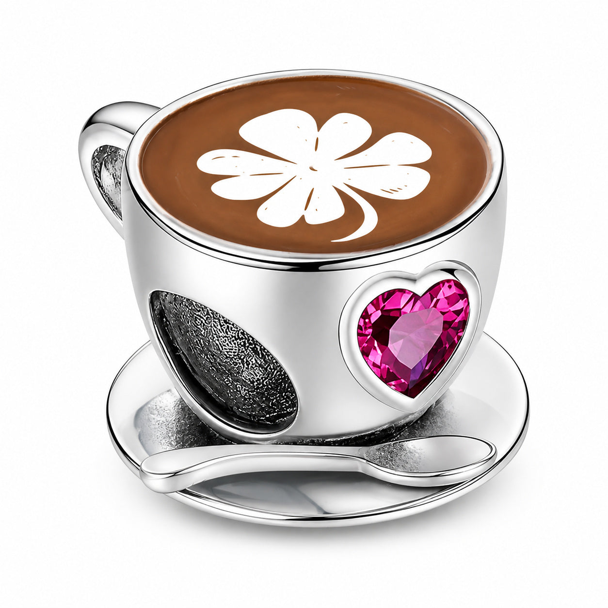 Coffee Cup & Pink Heart Bead Sterling Silver Charm Hallmarked S925 for Charm Bracelet and Necklace