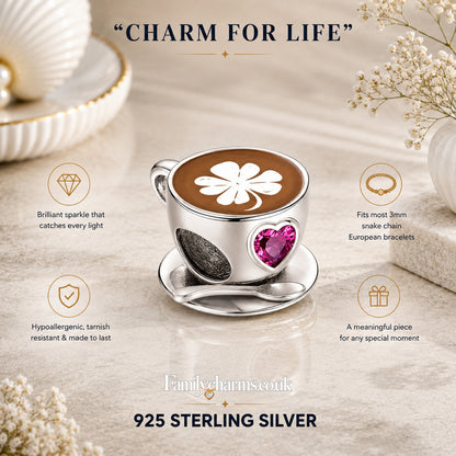 Coffee Cup & Pink Heart Bead Sterling Silver Charm Hallmarked S925 for Charm Bracelet and Necklace