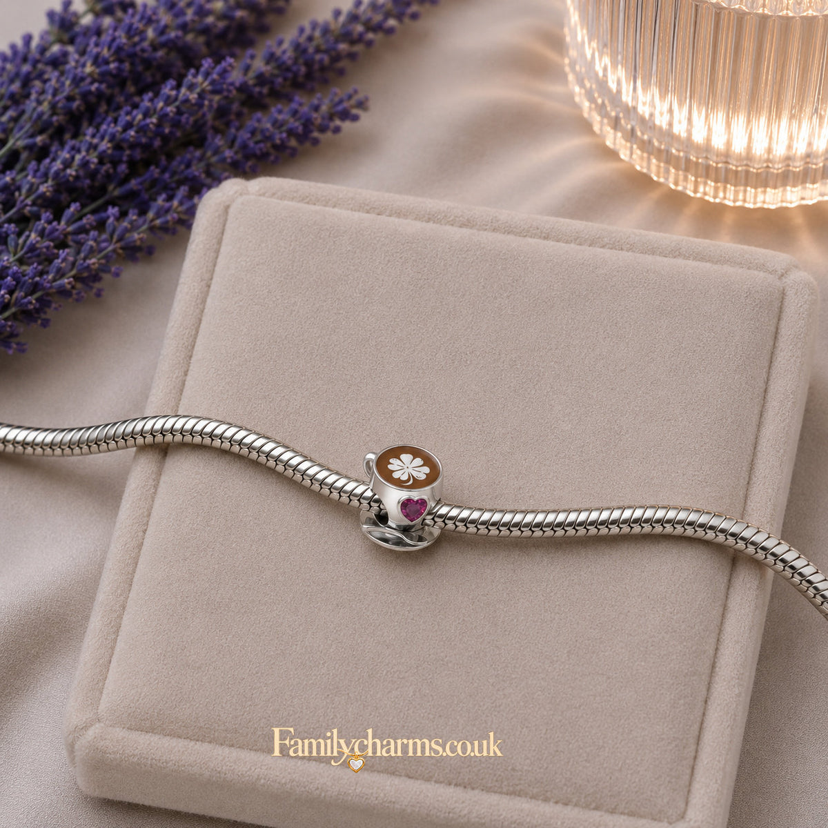 Coffee Cup & Pink Heart Bead Sterling Silver Charm Hallmarked S925 for Charm Bracelet and Necklace