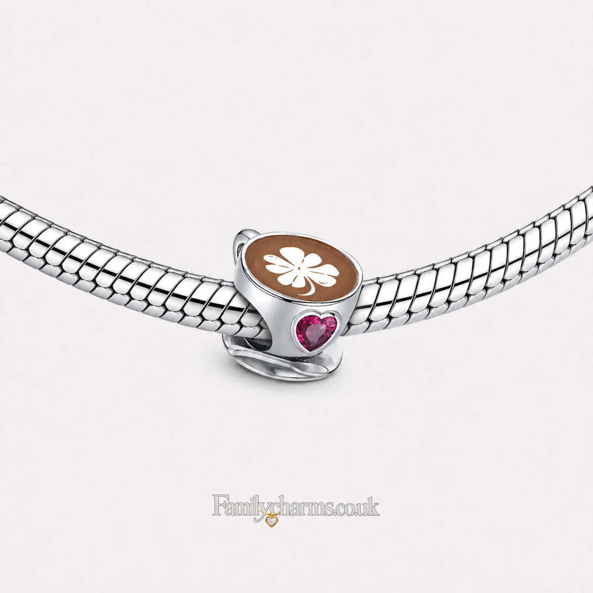 Coffee Cup & Pink Heart Bead Sterling Silver Charm Hallmarked S925 for Charm Bracelet and Necklace