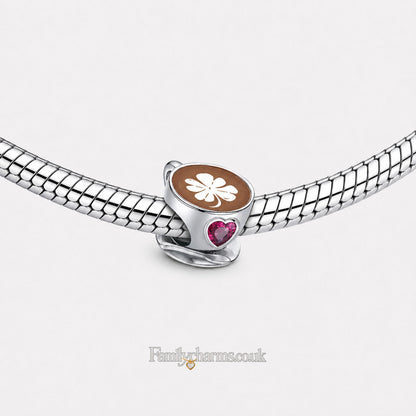 Coffee Cup & Pink Heart Bead Sterling Silver Charm Hallmarked S925 for Charm Bracelet and Necklace