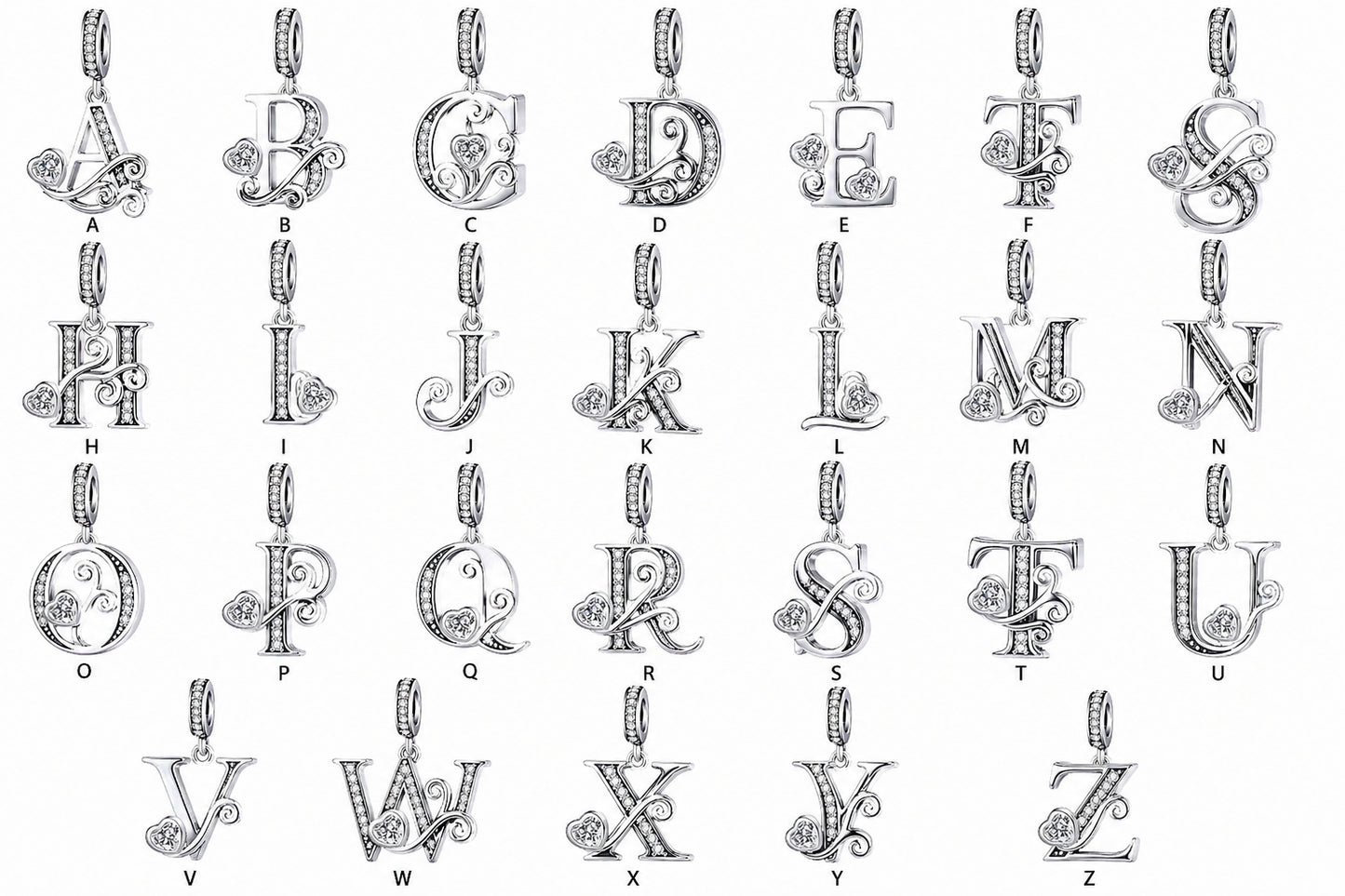 Classic Alphabet Letters A to Z Sterling Silver Dangle Charm Hallmarked S925 for Charm Bracelet and Necklace