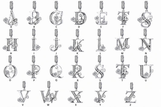 Classic Alphabet Letters A to Z Sterling Silver Dangle Charm Hallmarked S925 for Charm Bracelet and Necklace