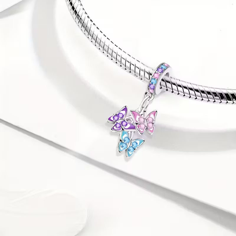 Triple Butterfly Sterling Silver Charm Hallmarked S925 for Charm Bracelet and Necklace