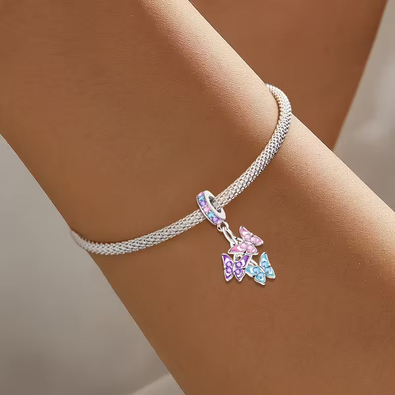 Triple Butterfly Sterling Silver Charm Hallmarked S925 for Charm Bracelet and Necklace