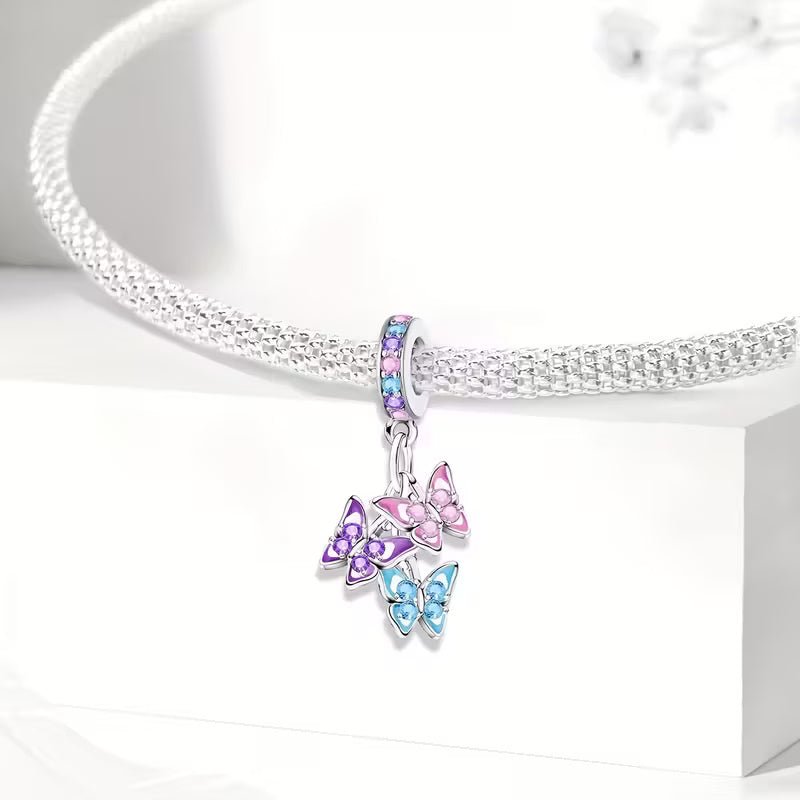 Triple Butterfly Sterling Silver Charm Hallmarked S925 for Charm Bracelet and Necklace