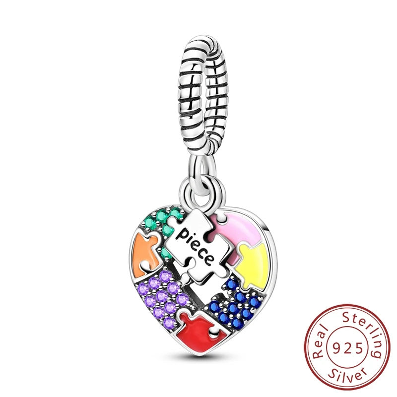 Colourful Puzzle Heart Dangle Sterling Silver Charm Hallmarked S925 for Charm Bracelet and Necklace