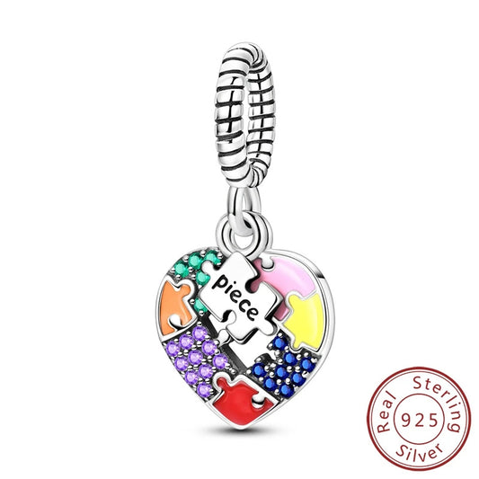 Colourful Puzzle Heart Dangle Sterling Silver Charm Hallmarked S925 for Charm Bracelet and Necklace