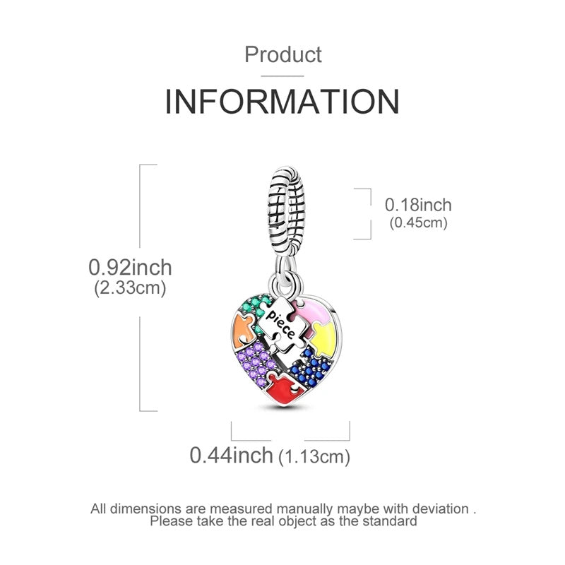 Colourful Puzzle Heart Dangle Sterling Silver Charm Hallmarked S925 for Charm Bracelet and Necklace