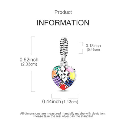 Colourful Puzzle Heart Dangle Sterling Silver Charm Hallmarked S925 for Charm Bracelet and Necklace