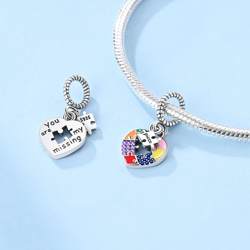 Colourful Puzzle Heart Dangle Sterling Silver Charm Hallmarked S925 for Charm Bracelet and Necklace