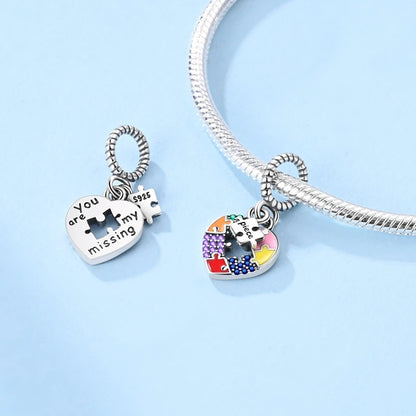 Colourful Puzzle Heart Dangle Sterling Silver Charm Hallmarked S925 for Charm Bracelet and Necklace