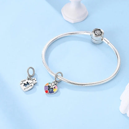 Colourful Puzzle Heart Dangle Sterling Silver Charm Hallmarked S925 for Charm Bracelet and Necklace