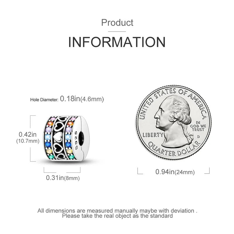 Colorful Zirconium Clip Charm for Bracelet, S925 Sterling Silver