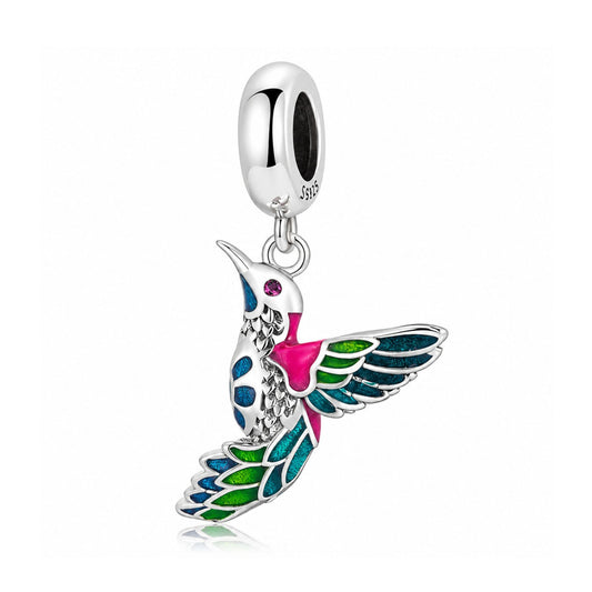Colourful Hummingbird Dangle Sterling Silver Charm Hallmarked S925 for Charm Bracelet and Necklace