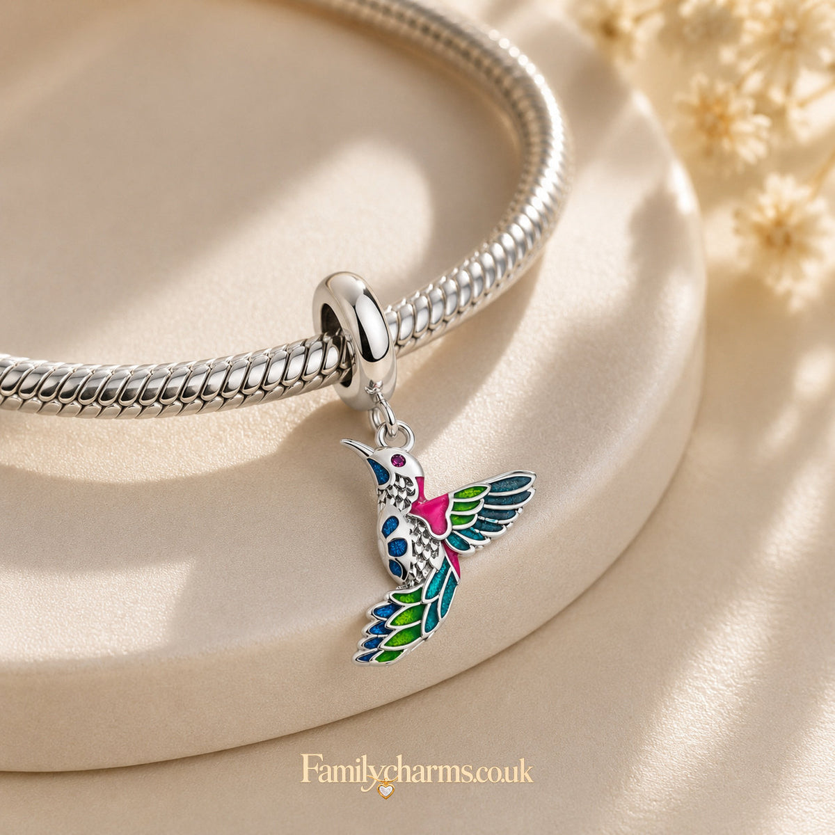 Colourful Hummingbird Dangle Sterling Silver Charm Hallmarked S925 for Charm Bracelet and Necklace