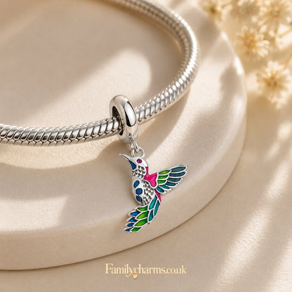 Colourful Hummingbird Dangle Sterling Silver Charm Hallmarked S925 for Charm Bracelet and Necklace