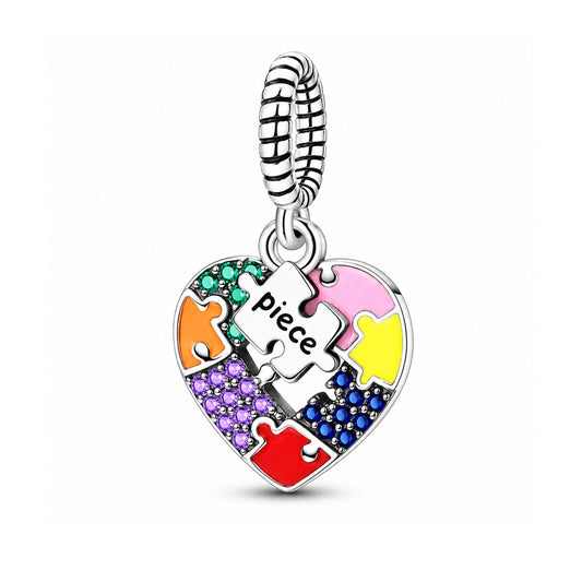 Colourful Puzzle Heart Dangle Sterling Silver Charm Hallmarked S925 for Charm Bracelet and Necklace