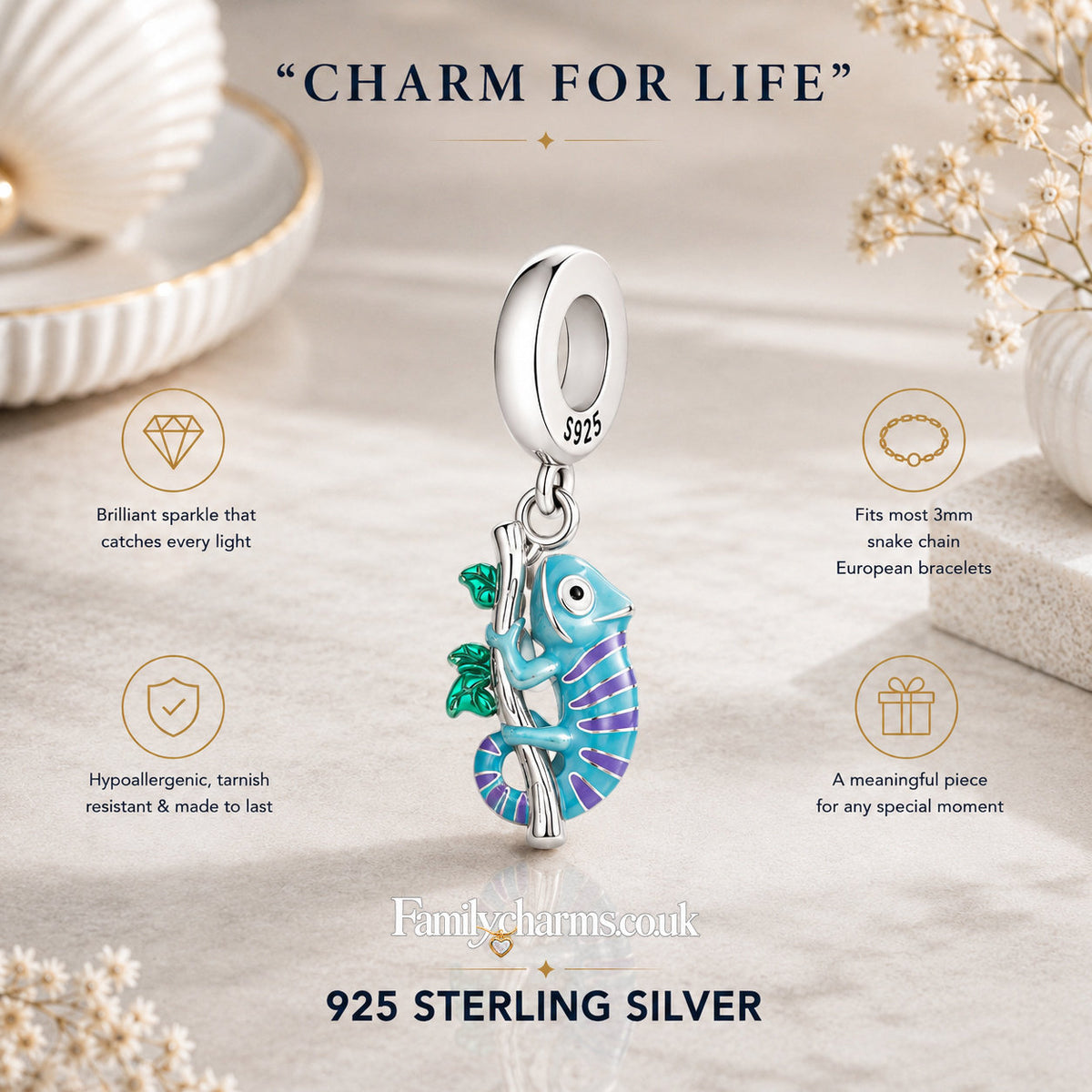 Colour Changing Chameleon Sterling Silver Charm Hallmarked S925 for Charm Bracelet and Necklace