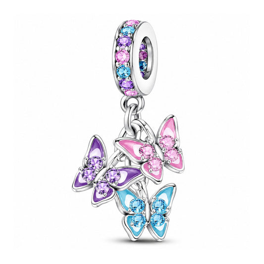 Triple Butterfly Sterling Silver Charm Hallmarked S925 for Charm Bracelet and Necklace
