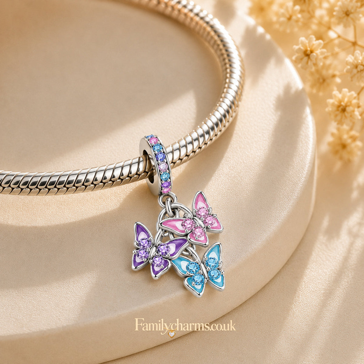 Triple Butterfly Sterling Silver Charm Hallmarked S925 for Charm Bracelet and Necklace