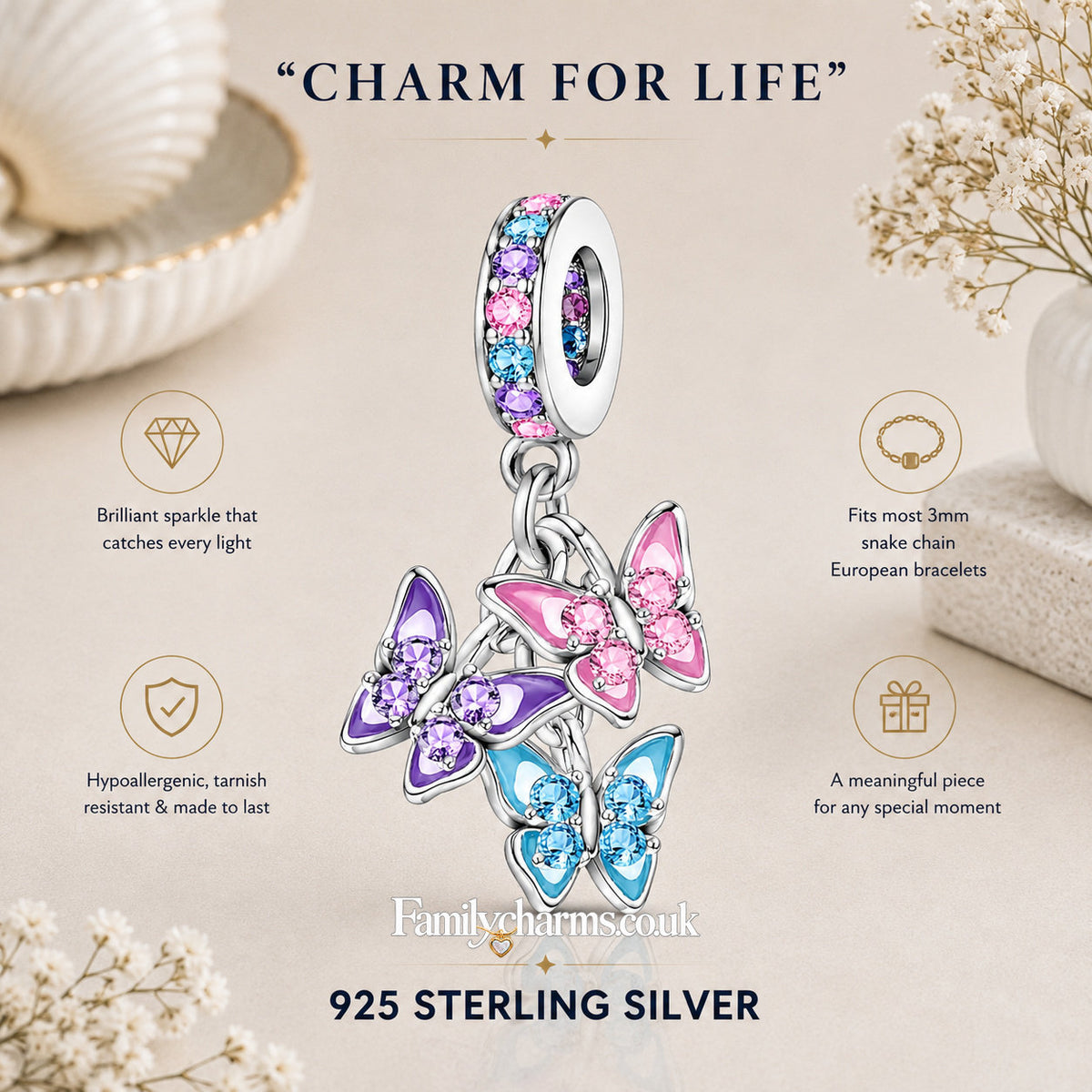 Triple Butterfly Sterling Silver Charm Hallmarked S925 for Charm Bracelet and Necklace
