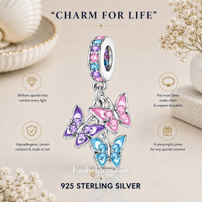 Triple Butterfly Sterling Silver Charm Hallmarked S925 for Charm Bracelet and Necklace