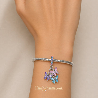 Triple Butterfly Sterling Silver Charm Hallmarked S925 for Charm Bracelet and Necklace