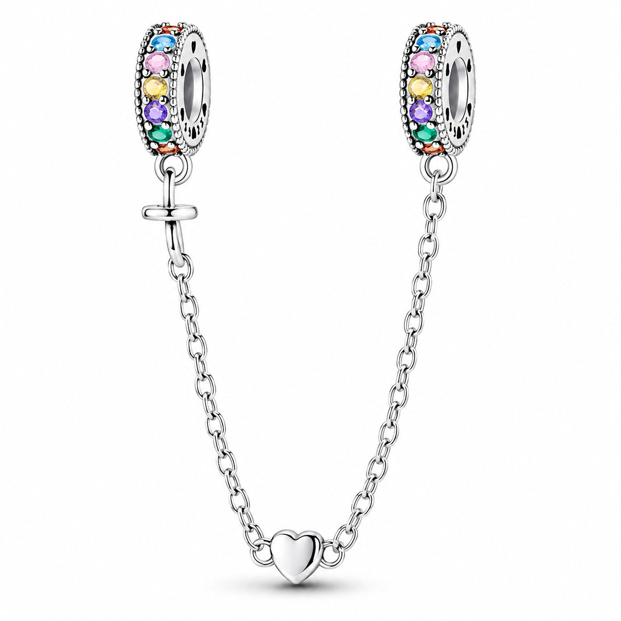 Rainbow and Heart Safety Chain Hallmarked S925 for Charm Bracelet and Necklace