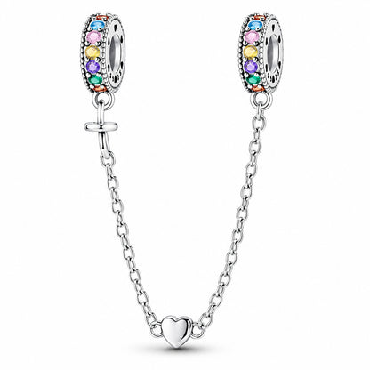 Rainbow and Heart Safety Chain Hallmarked S925 for Charm Bracelet and Necklace