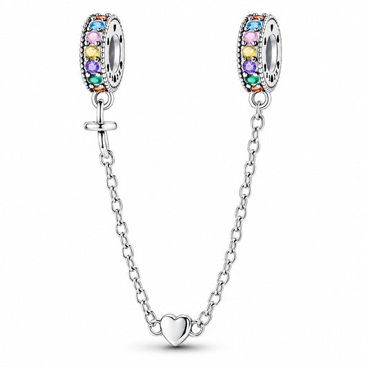 Rainbow and Heart Safety Chain Hallmarked S925 for Charm Bracelet and Necklace