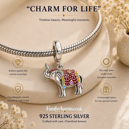 Colourful Elephant Dangle Sterling Silver Charm Hallmarked S925 for Charm Bracelet and Necklace
