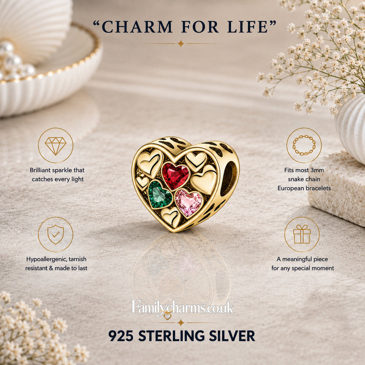 Colourful Heart Clip Charm Hallmarked S925 for Charm Bracelet and Necklace