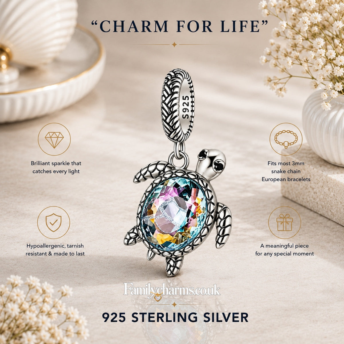 Colourful Turtle Sterling Silver Charm Hallmarked S925 for Charm Bracelet and Necklace