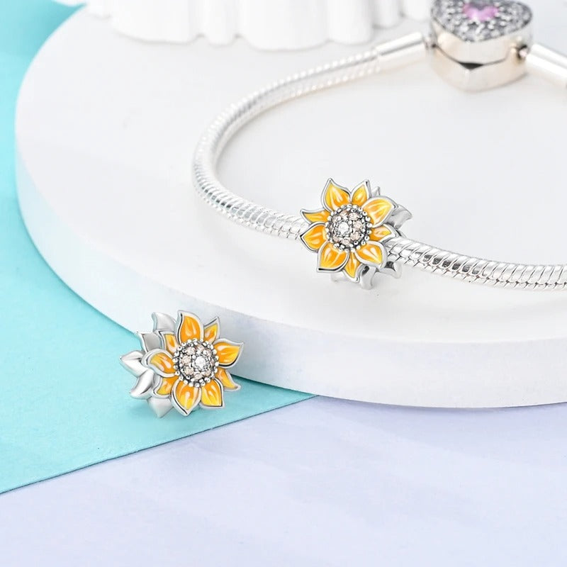 Cool Sunflower Charm for Bracelet, S925 Sterling Silver