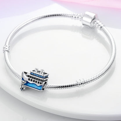 Blue Cruise Ship Sterling Silver Charm Hallmarked S925 for Charm Bracelet and Necklace