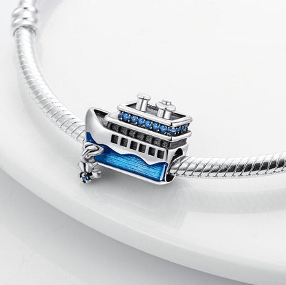 Blue Cruise Ship Sterling Silver Charm Hallmarked S925 for Charm Bracelet and Necklace